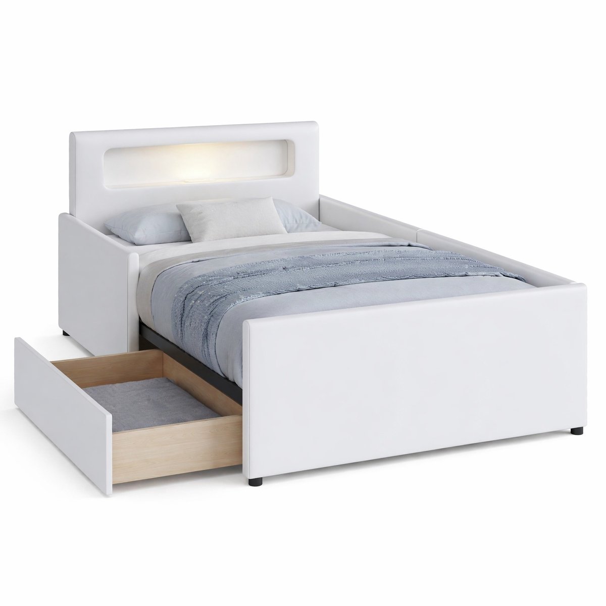 WUVRIE Kinderbed 90x200 cm in wit met nachtlamp, USB-oplaadpoort en opberglades