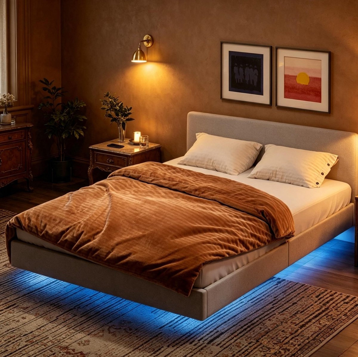 REDOM - Bedframe - LED-verlichting - Lattenbodem inclusief - Zwevend design - Moderne stijl - Slaapkamer - Stof en metaal - Beige - 140 x 190 cm