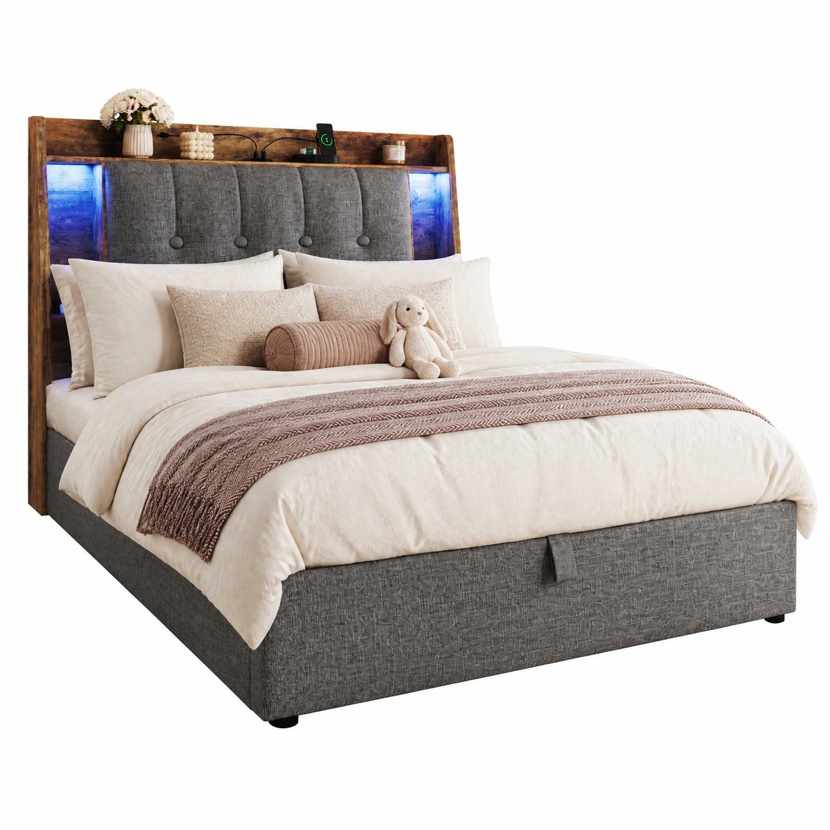WUVRIE Bed 90x200 cm met opberghoofdbord, hydraulische bergruimte, USB/USB-C en LED, grijs