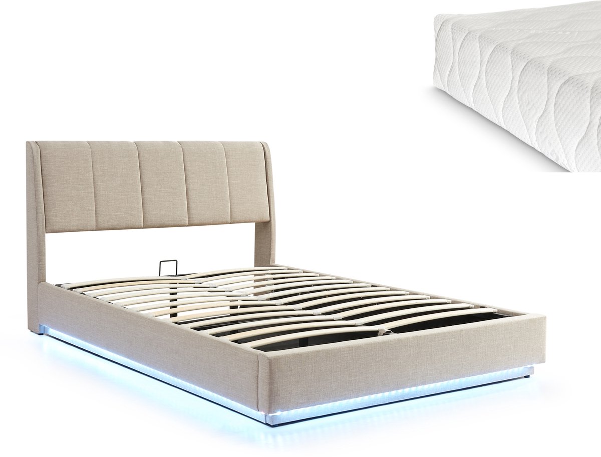 Tweepersoonsbed Tröstiar met matras en LED 140x200 cm beige [en.casa]