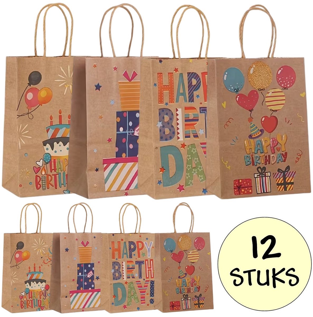 12x Papieren Uitdeeltasjes Happy Birthday - 15x8x21cm - Stevig Papier - Traktatie Zakjes - Papieren Tasjes - Cadeau Zakjes - Uitdeelzakjes - 4 Verjaardag Prints - Kraftpapier - 12 Stuks