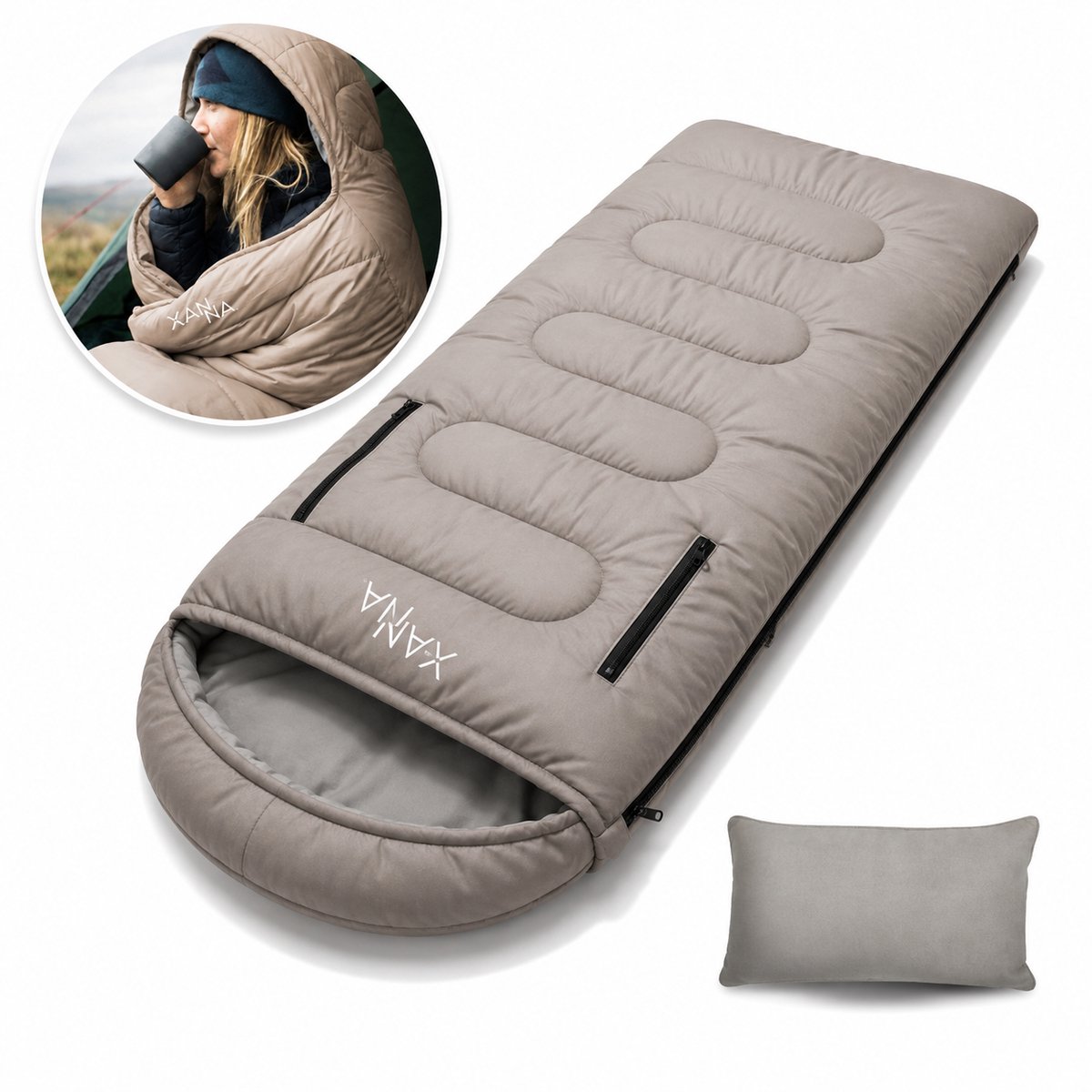 Xanna® Slaapzak Beige (Links) - Inclusief Hoes en Kussen - 3-4 Seizoenen - Geschikt voor Volwassen en Kinderen