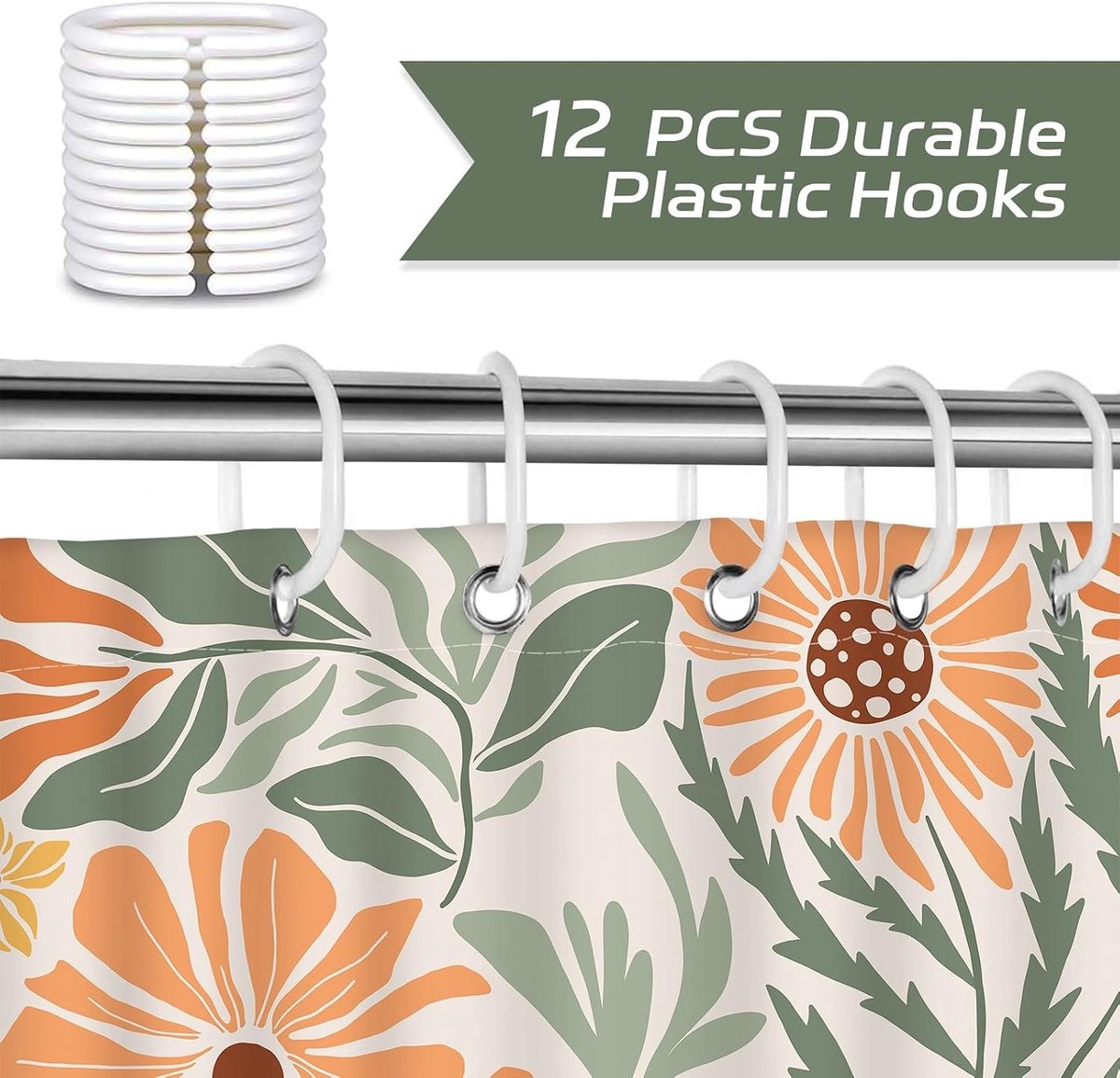 Stijlvolle Boho Douchgordijn met Bloemenprint 180 x 180 cm, Oranje Groene Kleuren voor Badkamer Decoratie