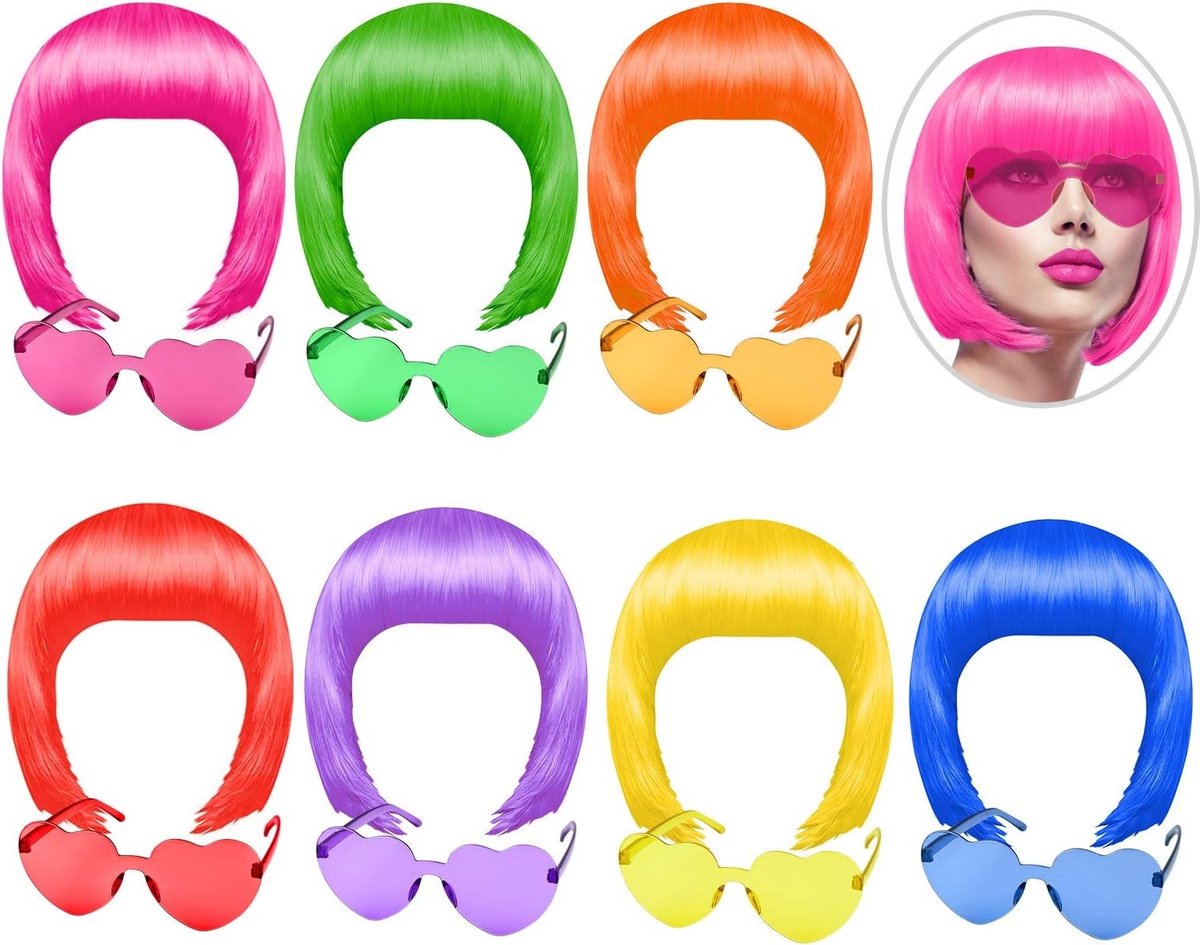 14-delige Set met Neon Korte Cosplay Kostuum Wigs en Zonnebrillen voor Feestjes, Kleurrijke Bobpermanente Haar voor Hen Party en Themadagen