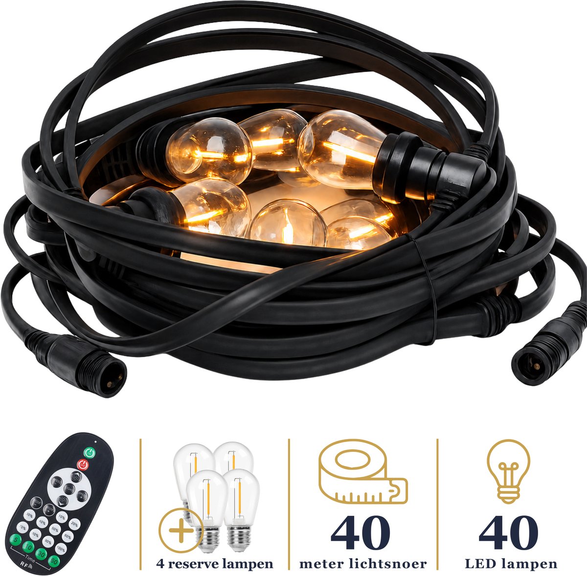 Odaily Platte Prikkabel - 40 Meter - 40 LED Lampen - Warm Wit - IP65 Lichtsnoer - Dimbaar - Premium Kwaliteit
