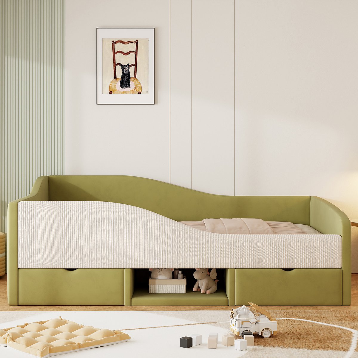 WUVRIE Bedbank 90x190 cm met opberglades, veiligheidshekken en lattenbodem, donkergroen/crèmewit