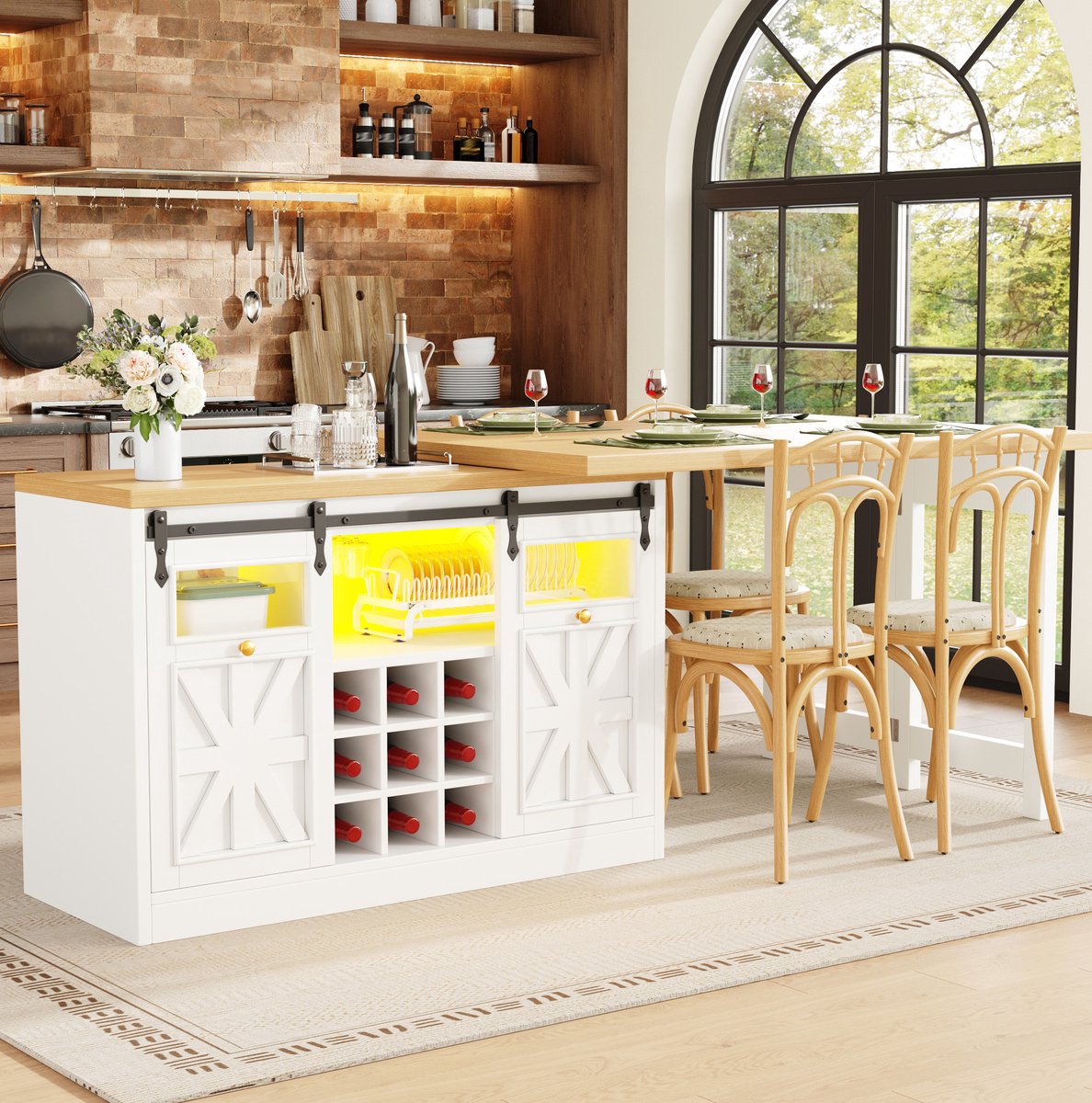 Wishdor Eettafel - Multifunctioneel ontwerp - Draaibare bladen 360° - LED verlichting en opbergruimte - Barn-deur stijl - keuken eiland eetkamer - MDF en glas - Wit - 120 x 40 x 72 cm