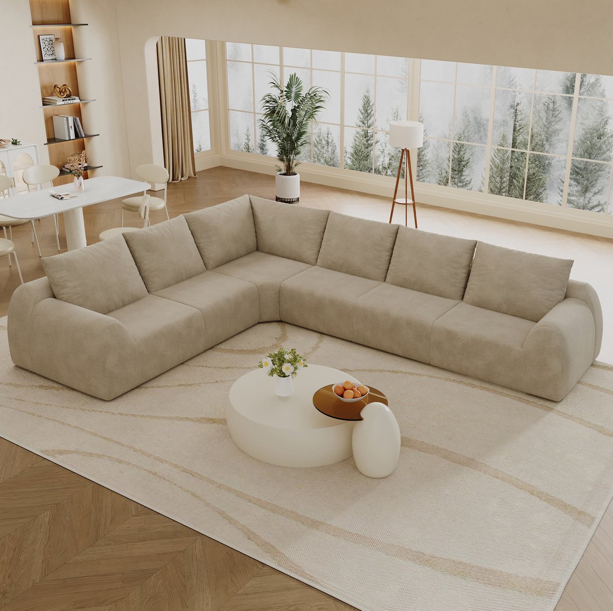 Wishdor Hoekbank - 6-zits - L-vormige bank zonder montage - Scandinavisch basic - Woonkamer appartement - Chenille stof - Khaki - 334 x 267 x 85 cm