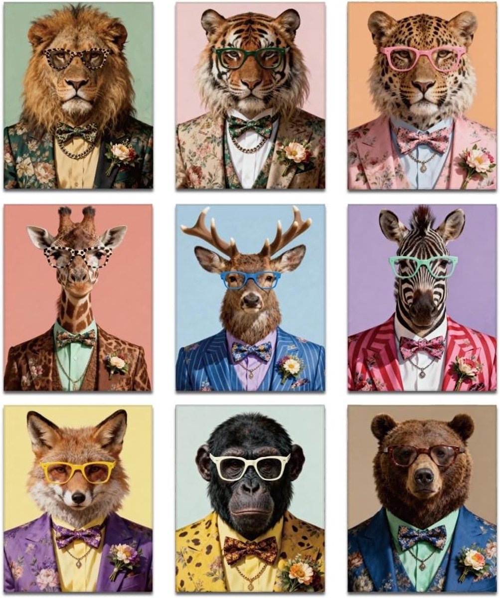 9 Pcs Ongeframeerde Waterdichte Canvas Posters met Trendy Dierenmotieven voor Wanddecoratie - 25x20cm Kunst voor Woonkamer, Slaapkamer en Thuiswerkplek