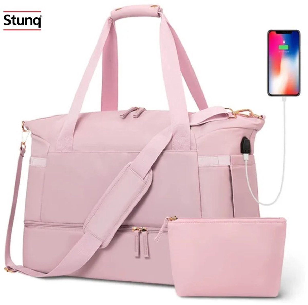 Stunq® Roze Weekender Tas met USB-poort, Schoenenvak en Toilettas - 2 Stuks
