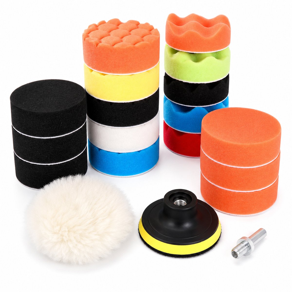 Polijstset 19 - delig voor Boormachine - Spons Pads - Wolpad - Adapter - Polijstschijven - Multicolor