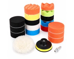 Polijstset 19 - delig voor Boormachine - Spons Pads - Wolpad - Adapter - Polijstschijven - Multicolor