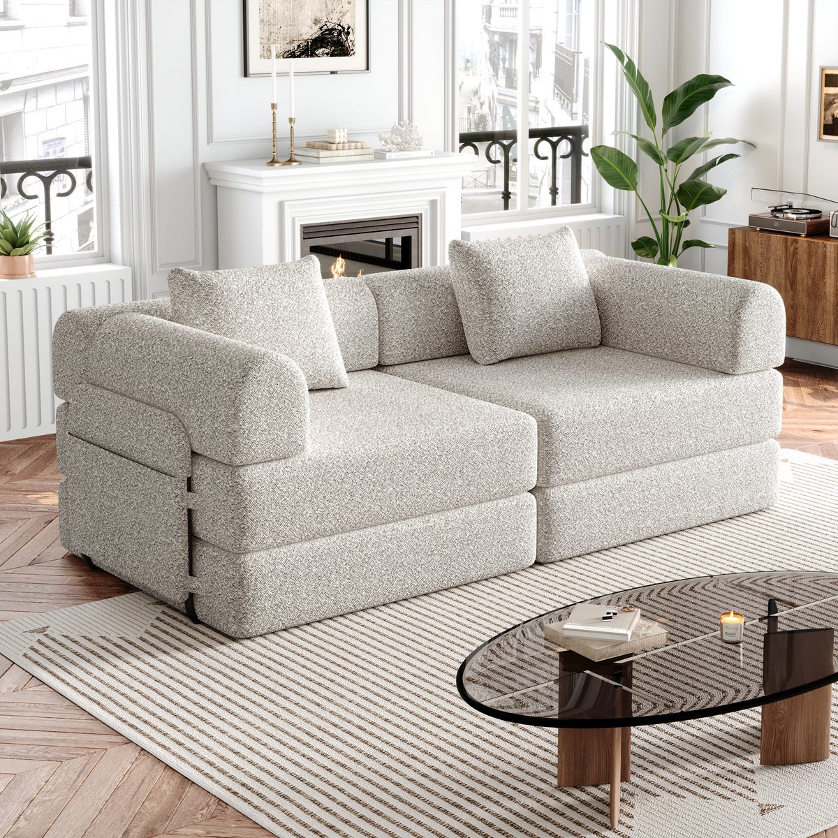 REDOM - Patented 2-in-1 Chenille Fauteuil Sofa with Storage Armrest - Convertible to Bed, Khaki Velvet, Stable Metal Frame