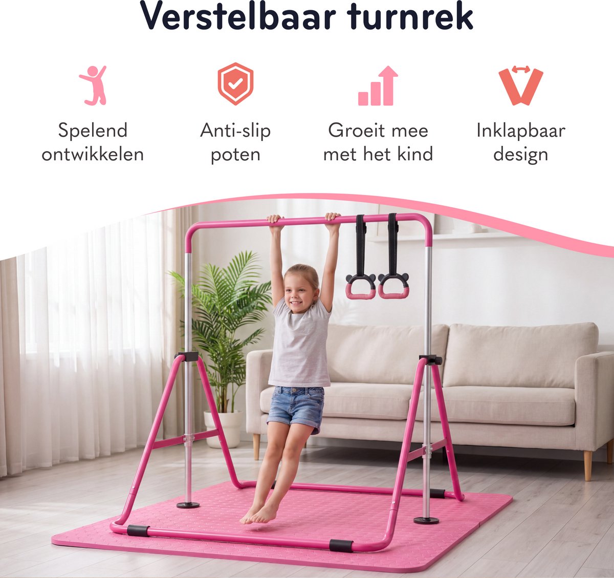 Jespro Inklapbaar Turnrek - Incl. Beschermmat en Ringen - Klimrek - Verstelbaar in 4 hoogtes - Rekstok - Duikelrek - Kinderen - Peuter - Voor buiten en binnen - Klimboog - Roze — afbeelding 2