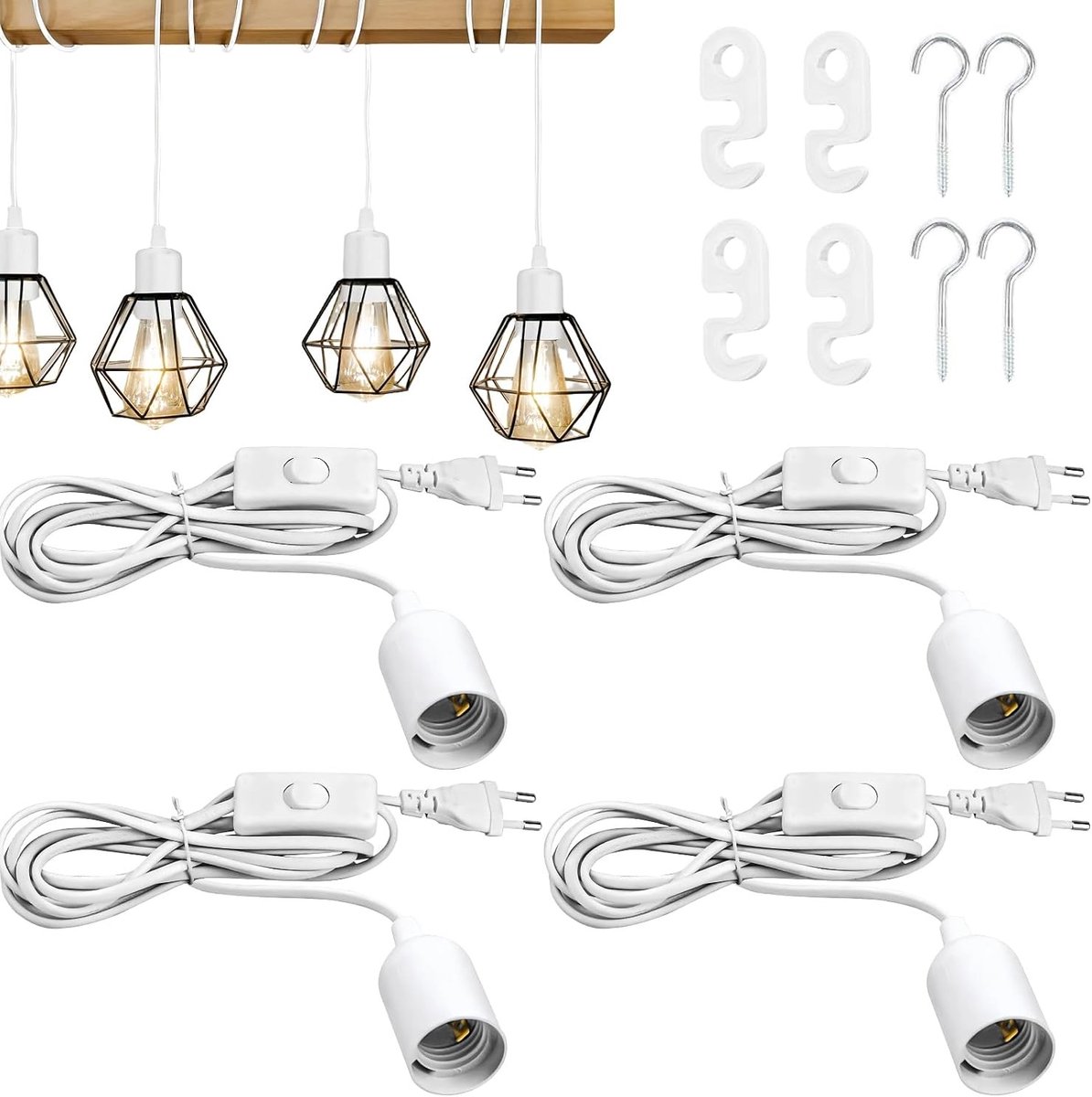 E27 Lamp Fitting en Kabel voor Zoutlampen en Kroonluchters, 4 Stuks met Haak, 5 m, 250 V, Ideaal voor Interieurverlichting