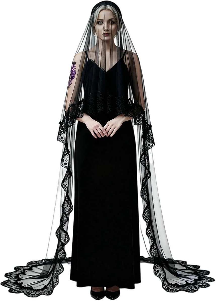 Halloween Lange Zwarte Tulle Vloerbedekkende Voile van 3m, Gothic Haaraccessoires voor Bruiloften, Fotografie en Kostuums voor Vrouwen