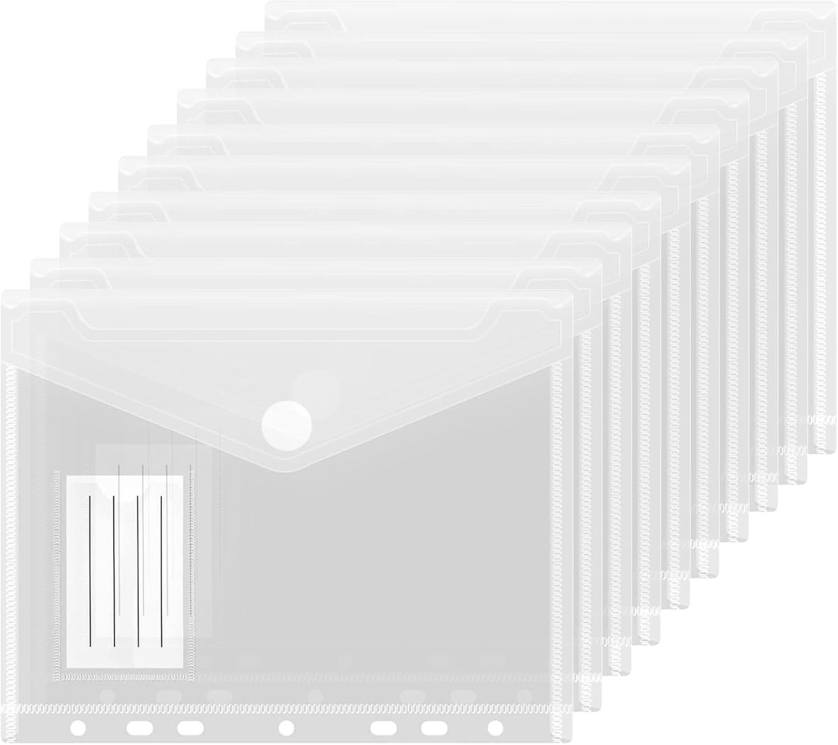 Set van 10 A5 documentmappen met transparante hoezen, sluiting en labelcompartiment, 22.5 x 18 cm, 7 gaten, verzamelmappen, waterdicht, ideaal voor archiveren en organiseren van documenten