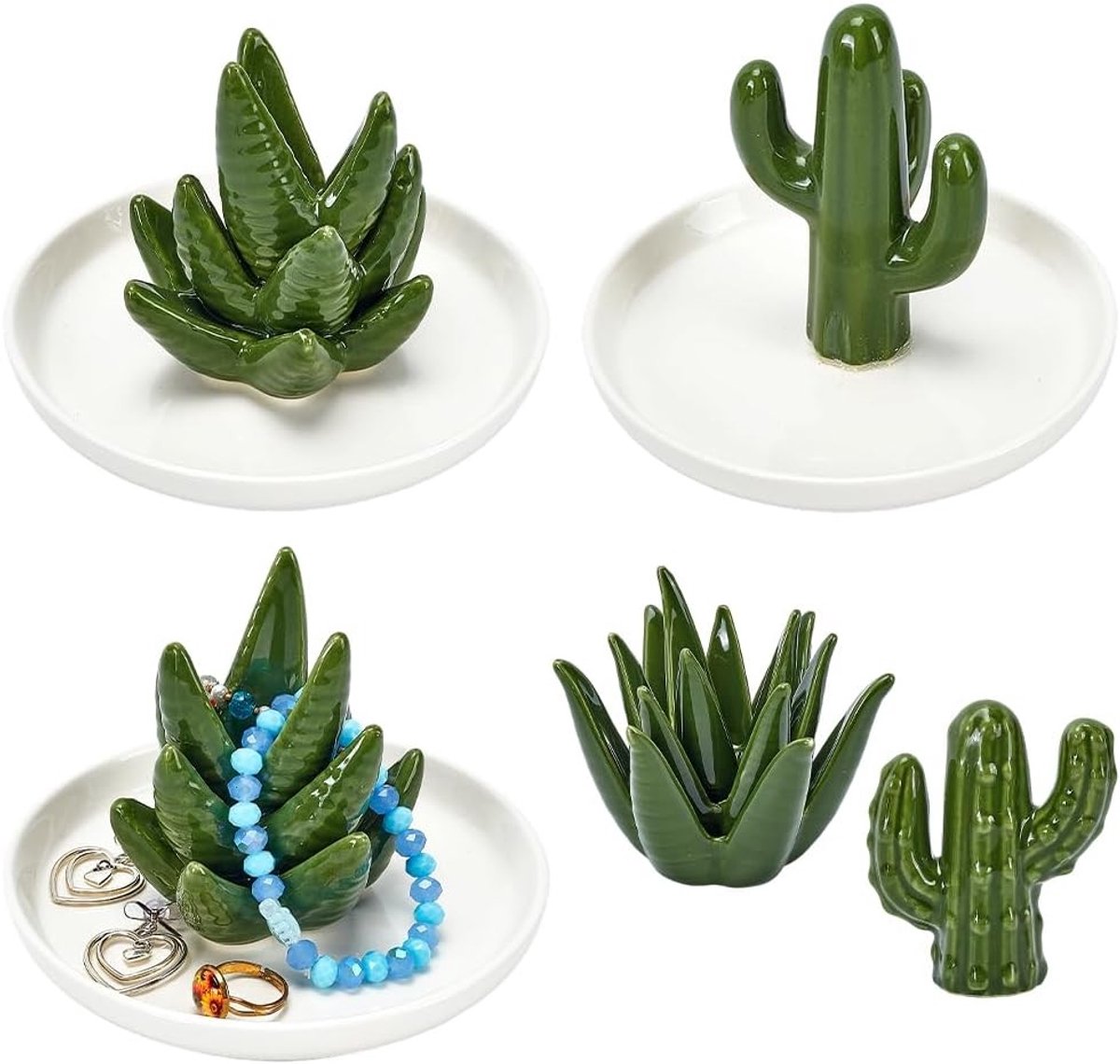 Set van 4 keramische ringhouders in 4 stijlen, cactus en aloë decoratieve schalen voor sieraden, oorbellen, kettingen en sleutels, schattige opbergoplossingen voor thuis