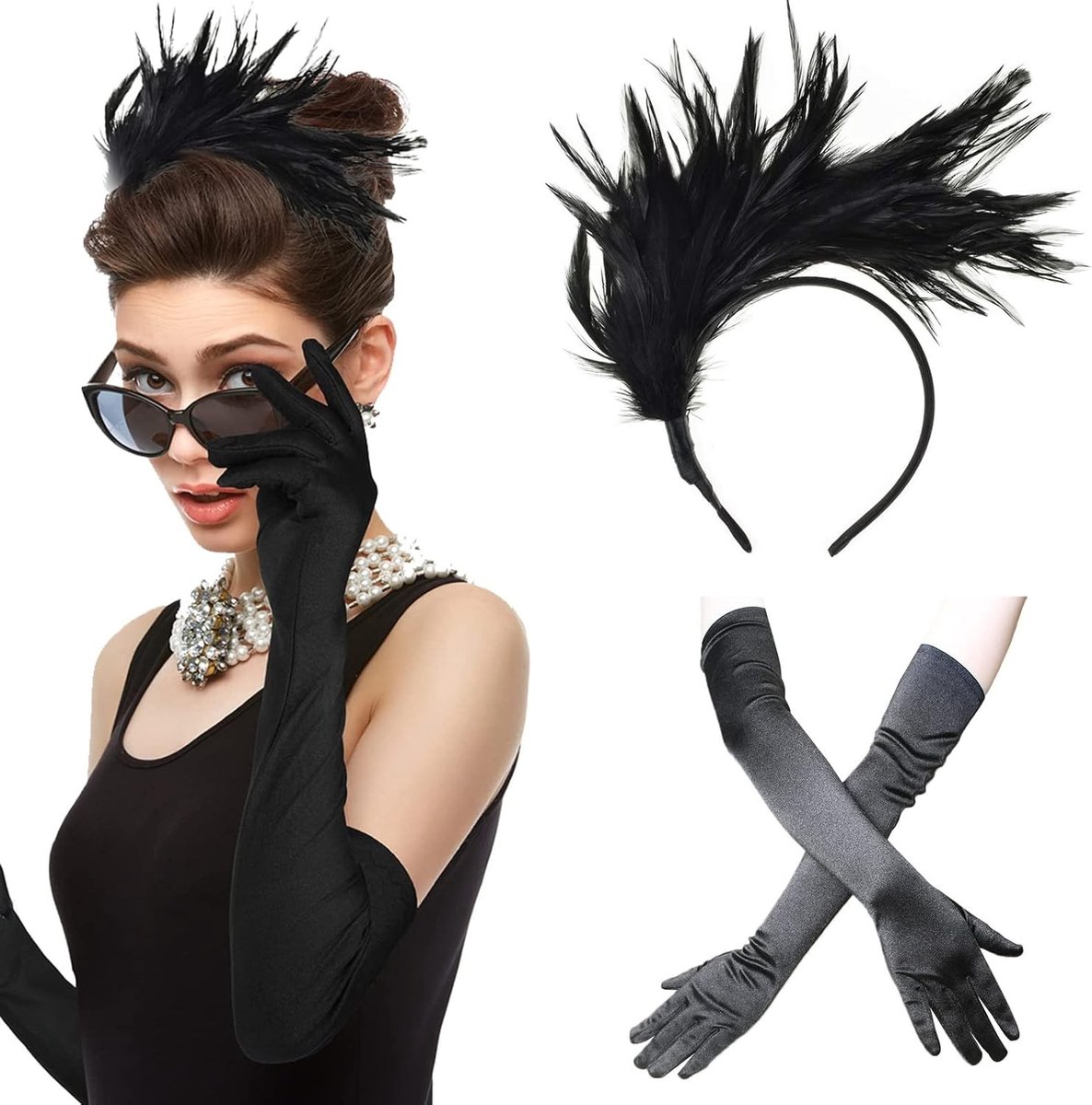 Vintage Flapper Hoofdband en Lange Handschoenen Set voor 1920s Kostuums, Bruiloften en Carnaval Feestjes, Inclusief Veer Hoofdband en Elegante Accessoires
