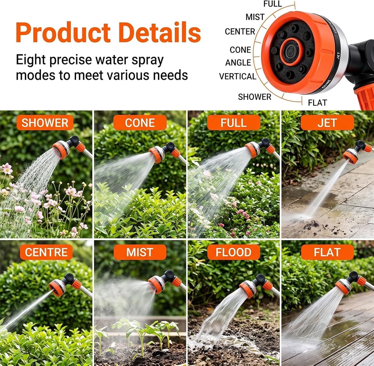 Lange handdouche voor tuin en bloembedden, 48 cm met 180° draaibare kop en 8 sproeimodi, ideaal voor hangplanten en sproeien