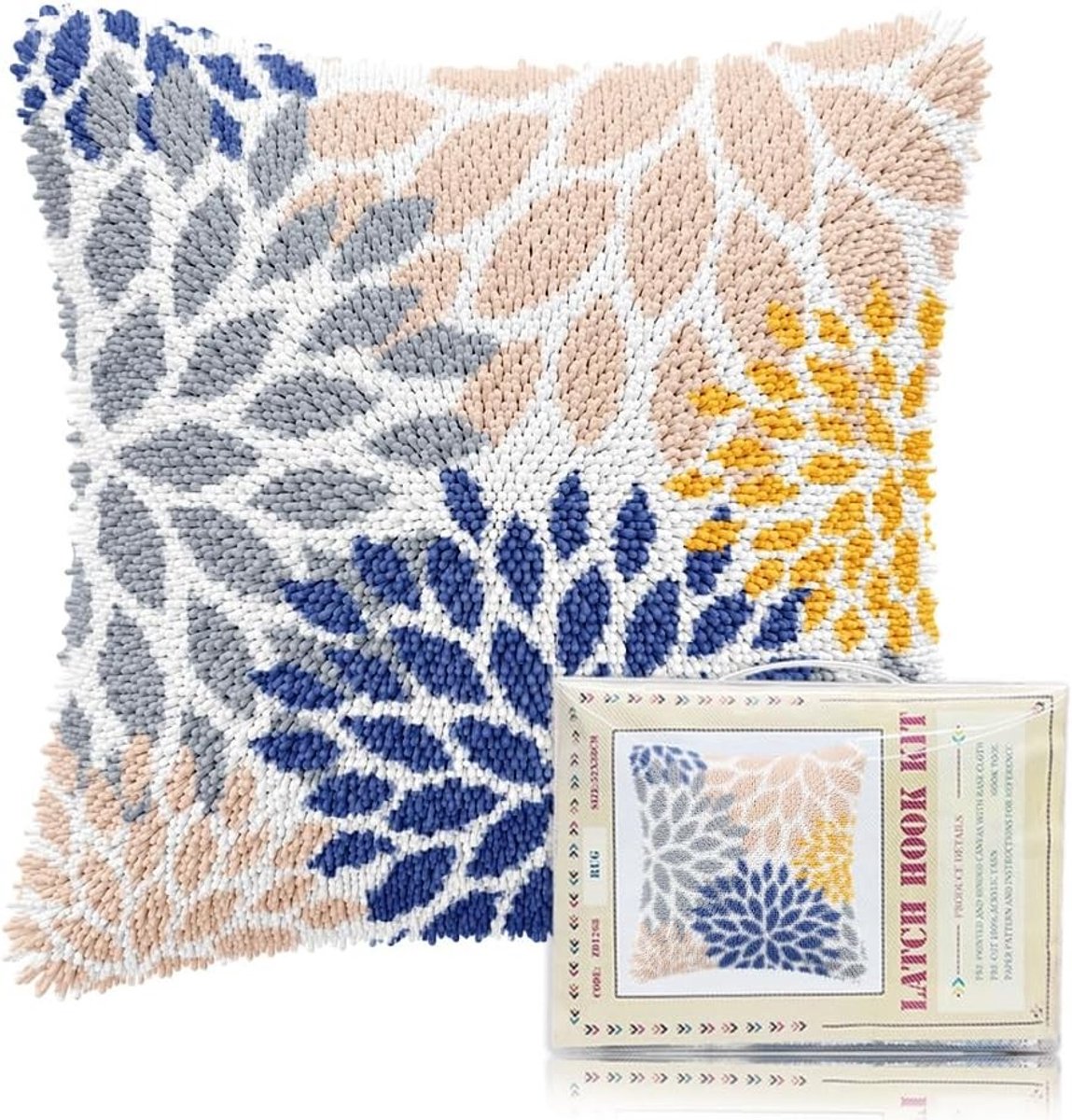Kussen set met knopen voor volwassenen en beginners: Dahlia patroon voor haken en zelf maken, decoratieve kussenhoes voor de bank, 43 x 43 cm, inclusief handgereedschap en garen