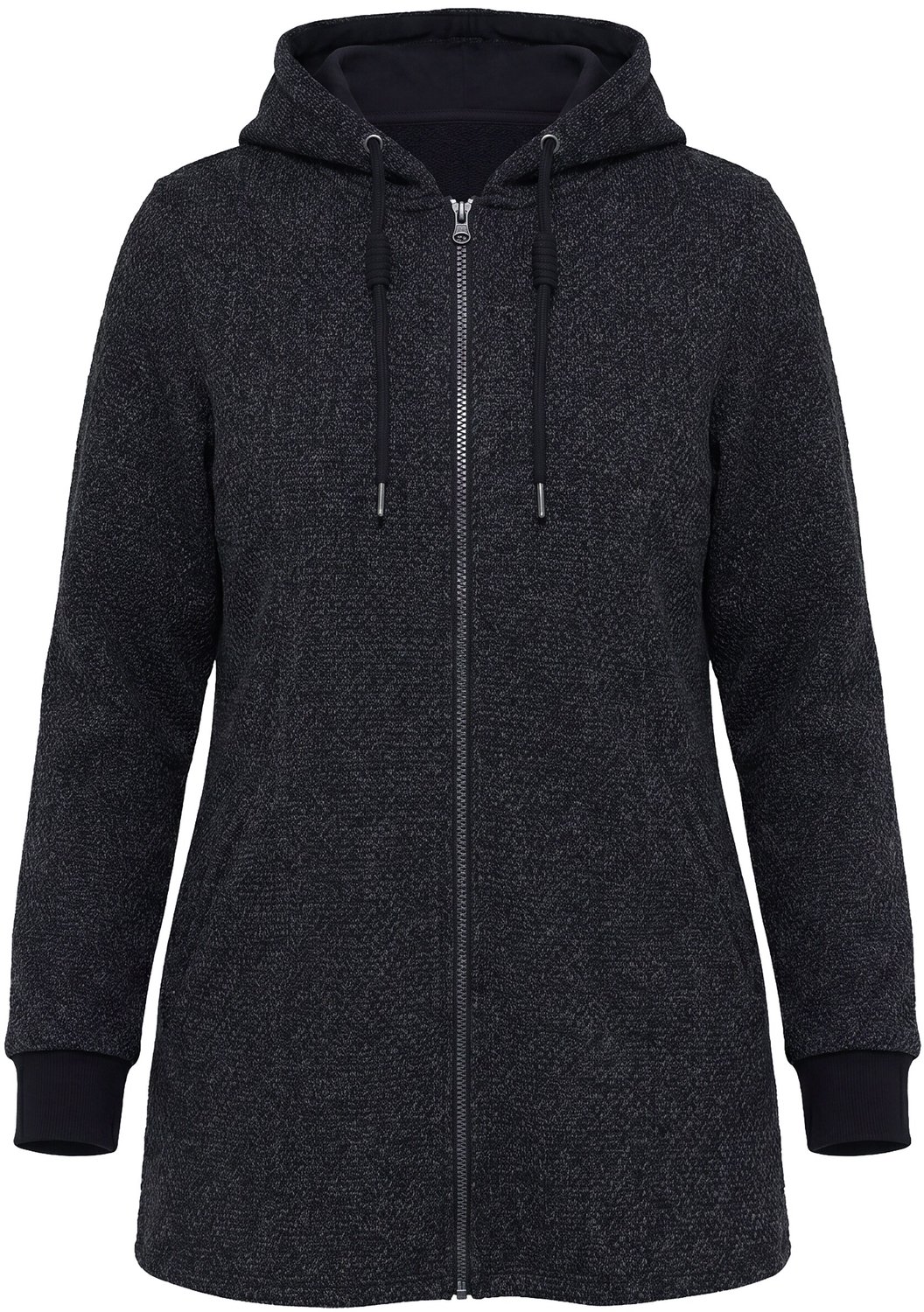 Ulla Popken - Dames - Gebreid fleece jas tekst capuchon lange mouwen - Zwart - Maat 42+