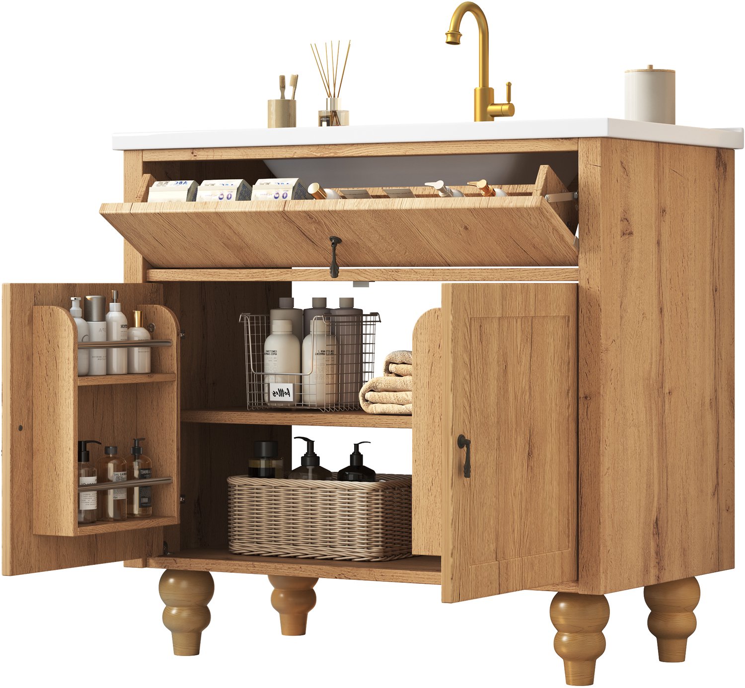 Wastafelkast Met Keramische Wastafel - 81 Cm Breed - Met Kantelvak, Deurvakken En Opbergruimte Onder De Wastafel - MDF In Natuurlijke Houtlook