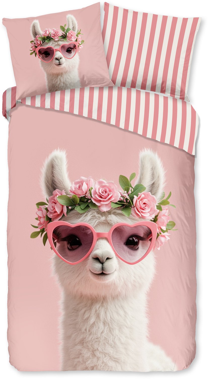 Pure dekbedovertrek lama met roze bril - 1 persoons 140x200/220 cm - Roze - Microvezel