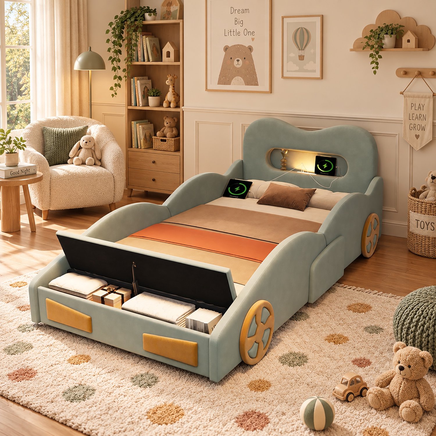 PHOEBE CAT Kinderbed - 90 x 200 cm - Auto - Met verlichting - Oplaadaansluiting - Opbergruimte - Velvet - Groen