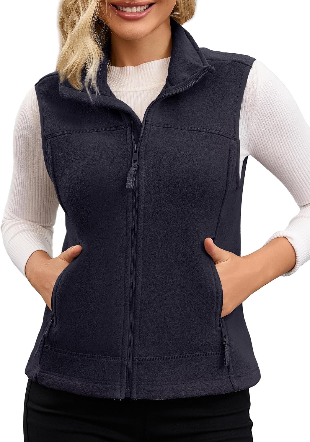 Fleece vest met rits en opstaande kraag, buiten met zakken