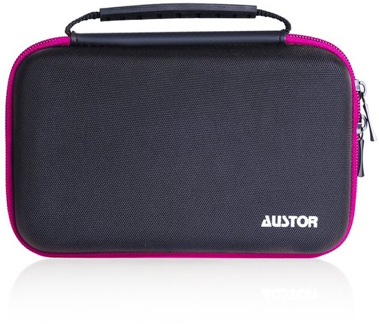Gesloten zwarte draagtas met roze rits en het logo 'AUSTOR' op de voorzijde.