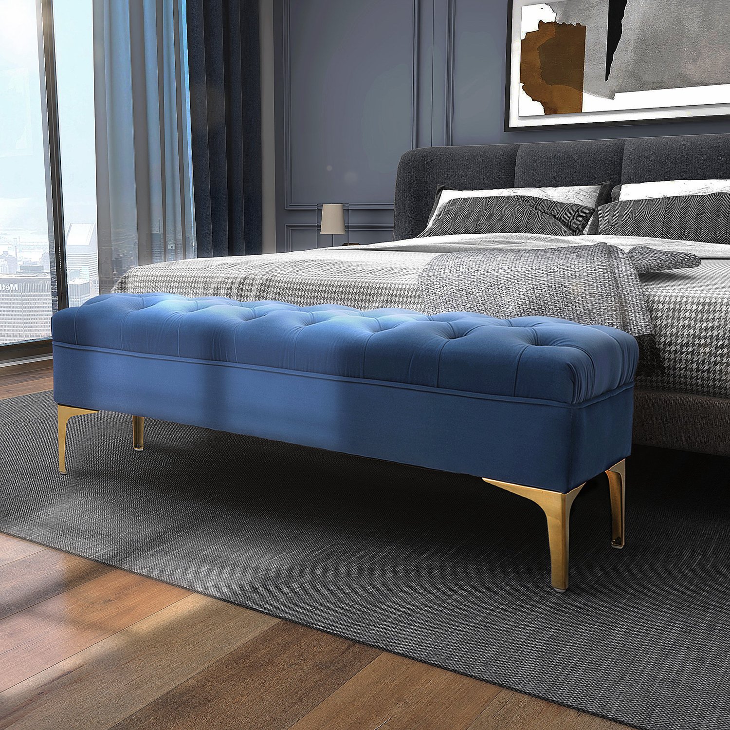 HAUSS SPOLE Gestoffeerde Zitbank - Fluwelen Zitting met Vier Metalen Poten - Voor Slaapkamer en Hal - Hout - Blauw en Goud - 118x45x42 cm