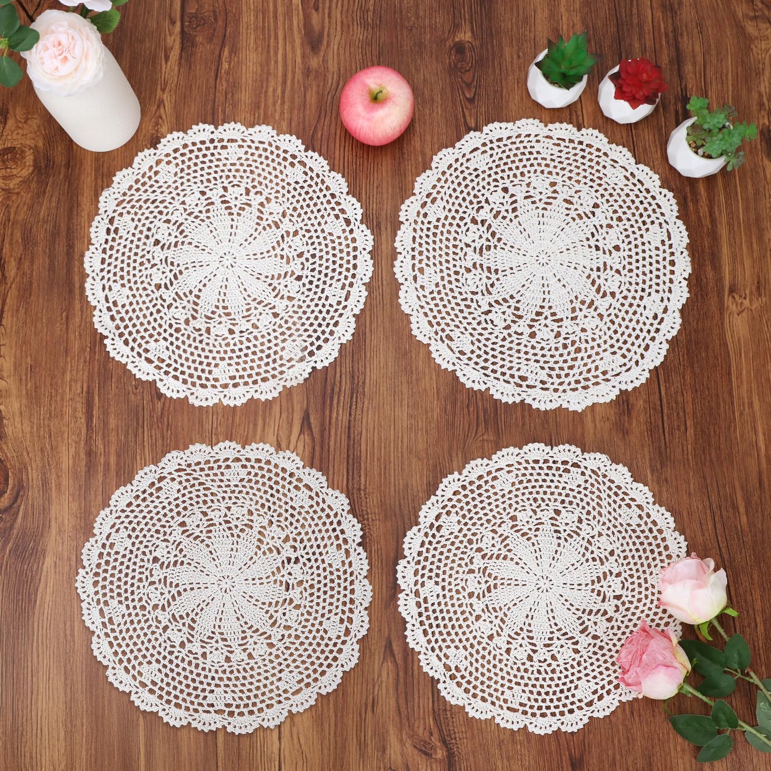 Haak Katoenen Lace Tafelmatten Set - 4 Stuks, Beige