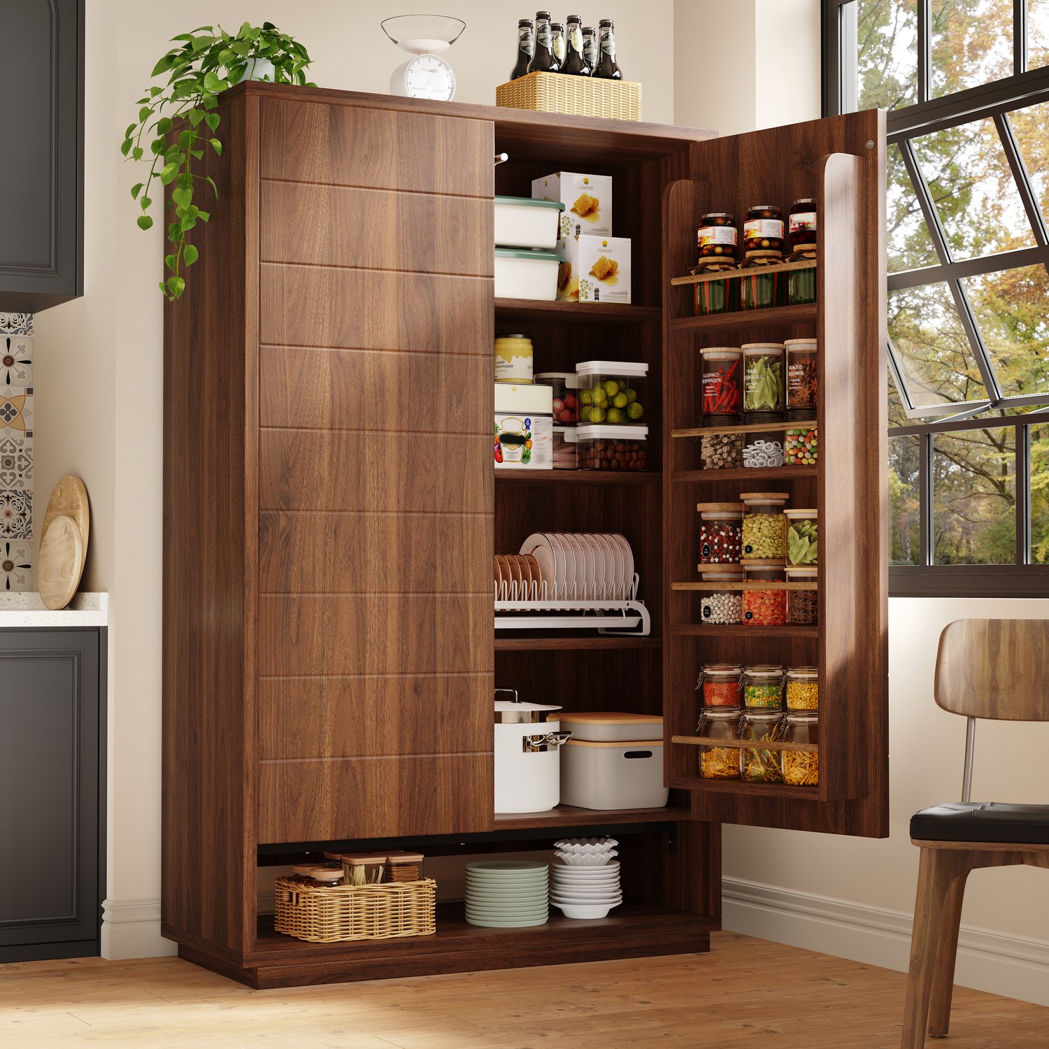 OKWISH Keukenkast - Dubbele Deuren - 8 Vakken En 8 Legplanken - Voor Keuken En Eetkamer - MDF En Metaal Donkerbruin - 100 x 40 x 162,5 cm