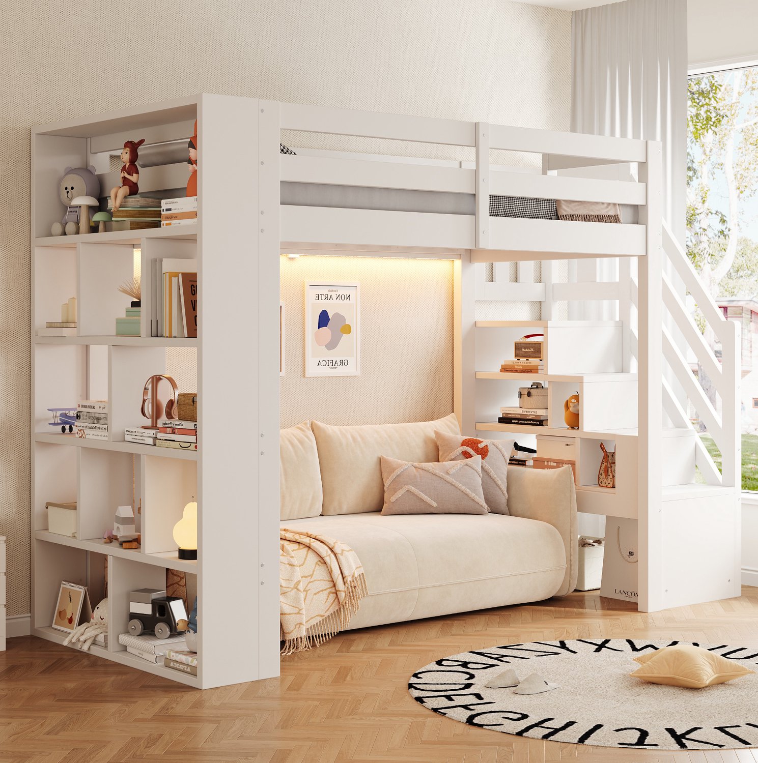HAUSS SPOLE Hoogslaper 90x200 cm - Eenpersoonsbed met Opbergladder en Uitvalbeveiliging - Met Ledverlichting en Lattenbodem - Zonder Matras - Hout en MDF - Wit