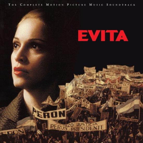 Madonna als Evita naast een menigte met borden met daarop 'Peron', soundtrack albumhoes.