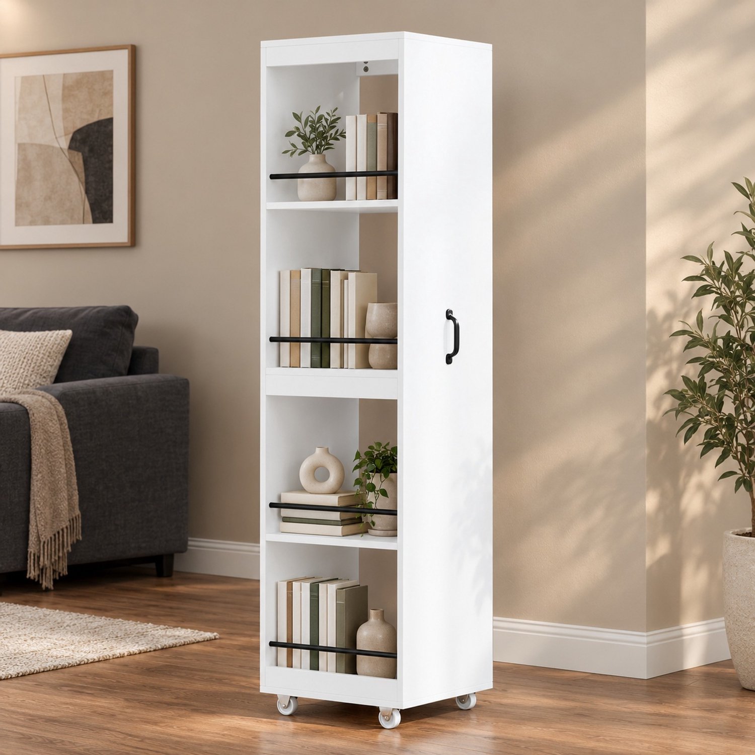 MEUNIQ smalle boekenkast 40 x 30 x 160,5 cm – hoge opbergkast met meerdere legplanken, zwarte beschermstangen en wielen – voor woonkamer of werkkamer – wit