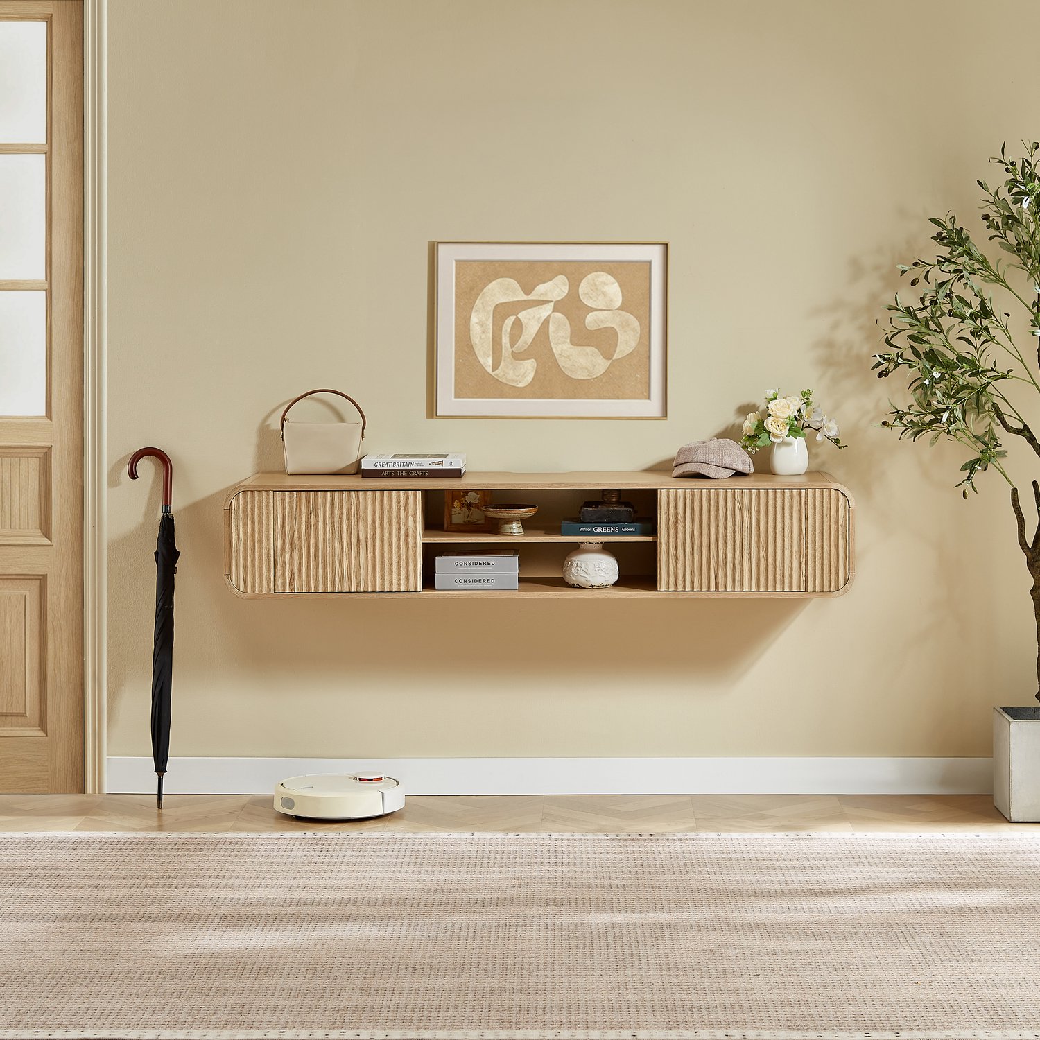 HAUSS SPOLE Tv-Meubel - Zwevend Wandmeubel Met Open Vakken En Kabeldoorvoer - Voor Woonkamer En Slaapkamer - Spaanplaat - 160x38x30 Cm - Naturel