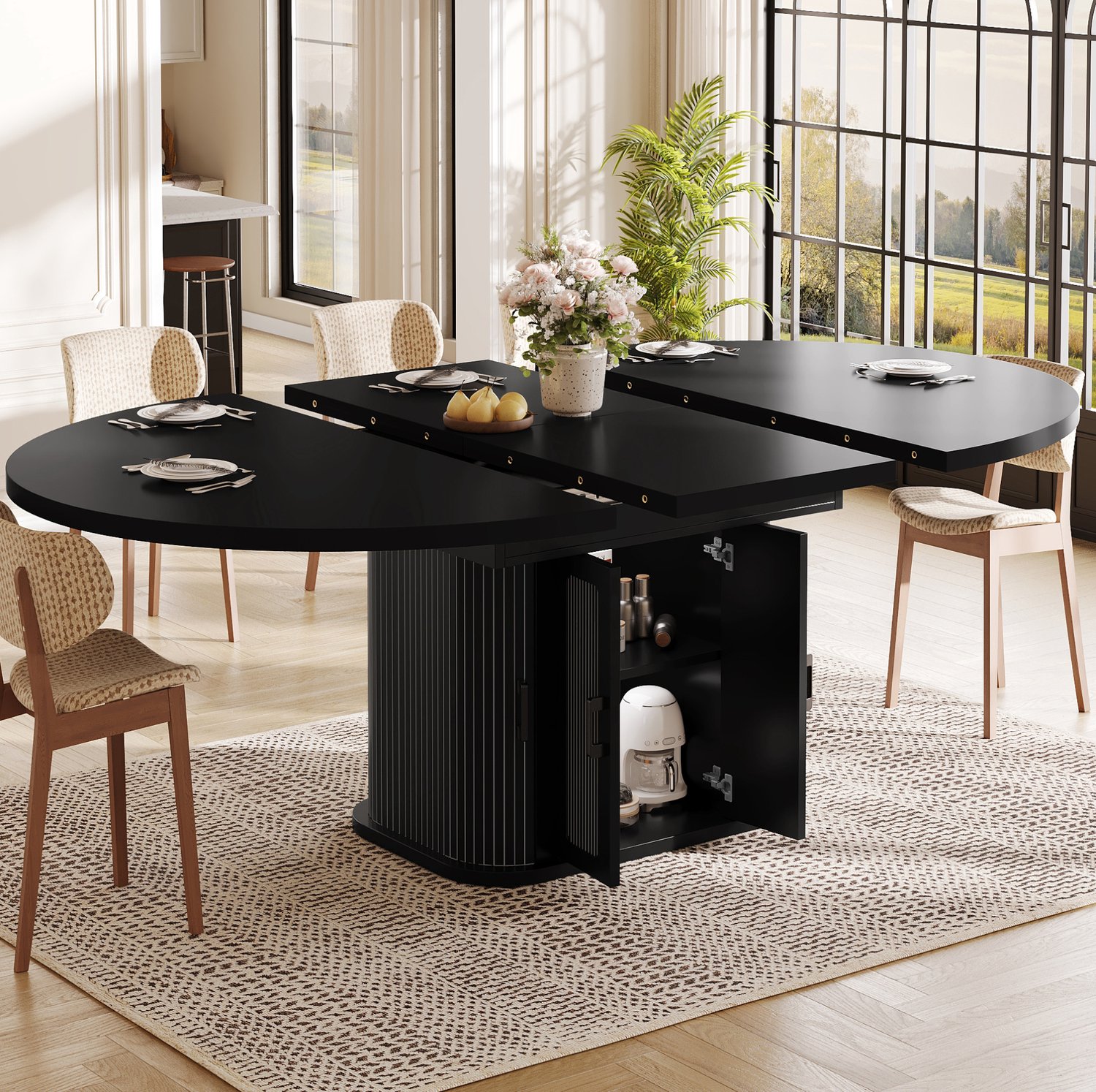 HAUSS SPOLE Eettafel - Uitschuifbaar Met Verborgen Opbergruimte - Voor 2 tot 6 Personen In Eetkamer of Keuken - MDF en Metaal - 118 tot 158 x 118 x 76 cm - Zwart