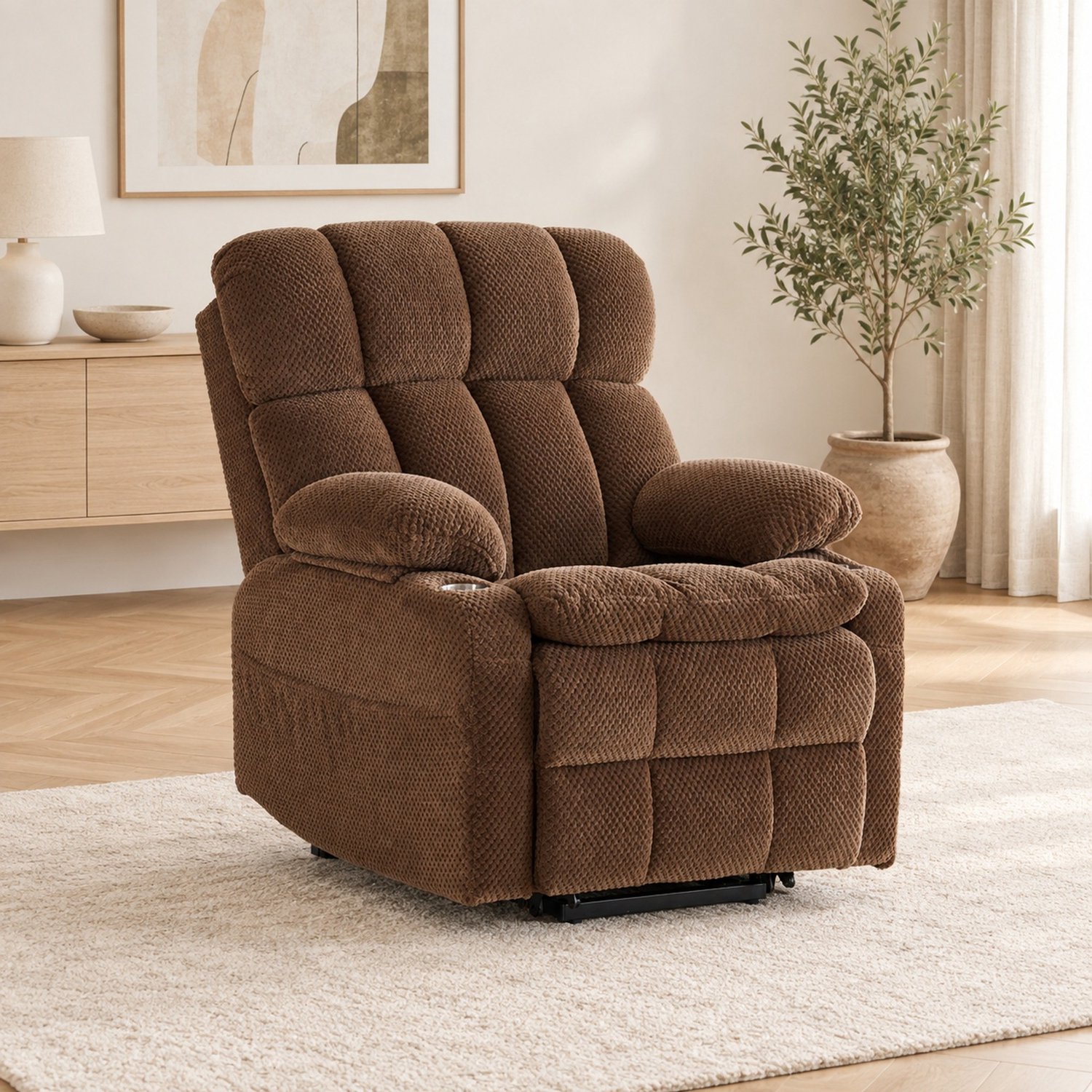 MEUNIQ elektrische relaxfauteuil met sta-opfunctie, twee motoren, massage, verwarming, verstelbare hoofdsteun en uitklapbare bekerhouder – bruin