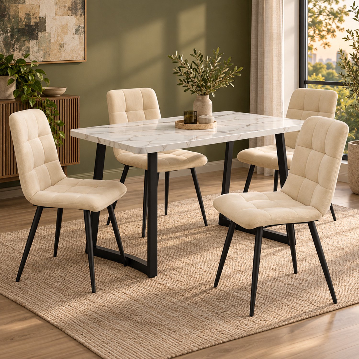 LONG DRAGON - Eethoek - Tafel met 4 velvet stoelen - Rechthoekige eettafel - Zwarte tafelpoten - Beige - 117 cm