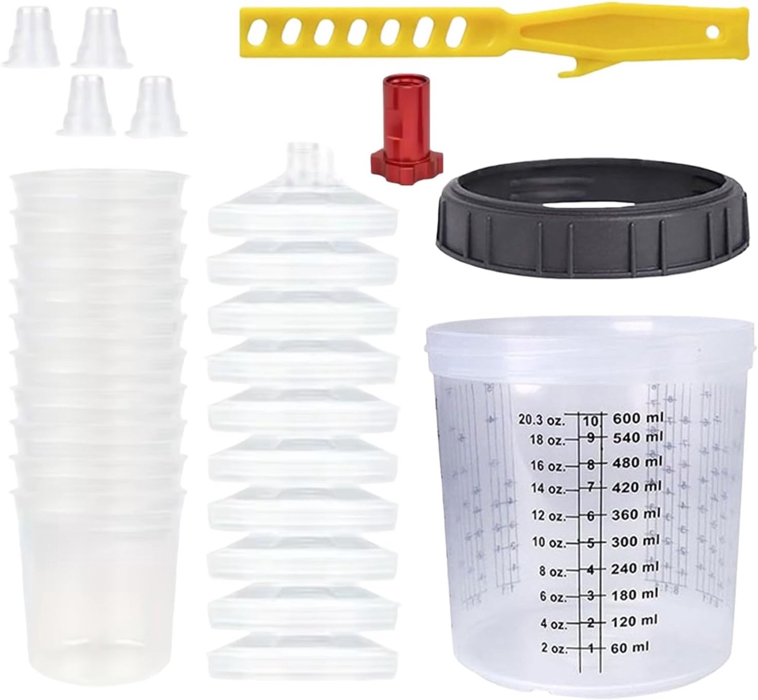 Set van 10 Verf Mengbekers van 600 ml met Deksel voor HVLP en LVLP Spuitpistolen, Inclusief Houder en Duurzame Hard Cups
