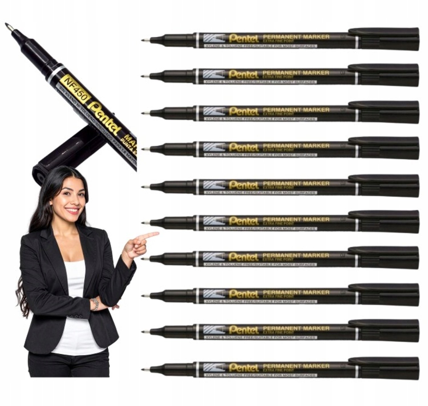 Pentel NF450 Markers Zwart Permanent 10 Stuks Fijne Punt