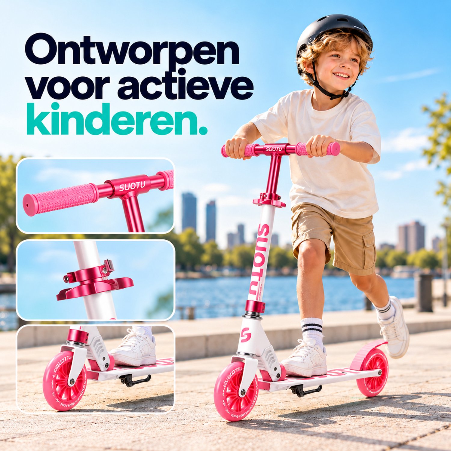 Suotu Kinderstep - 145mm Lichtgevende Wielen - Step - Speelgoed Jongens/Meisjes - Max stuurhoogte: 85 cm - Aluminium - Roze/Wit thumbnail 6