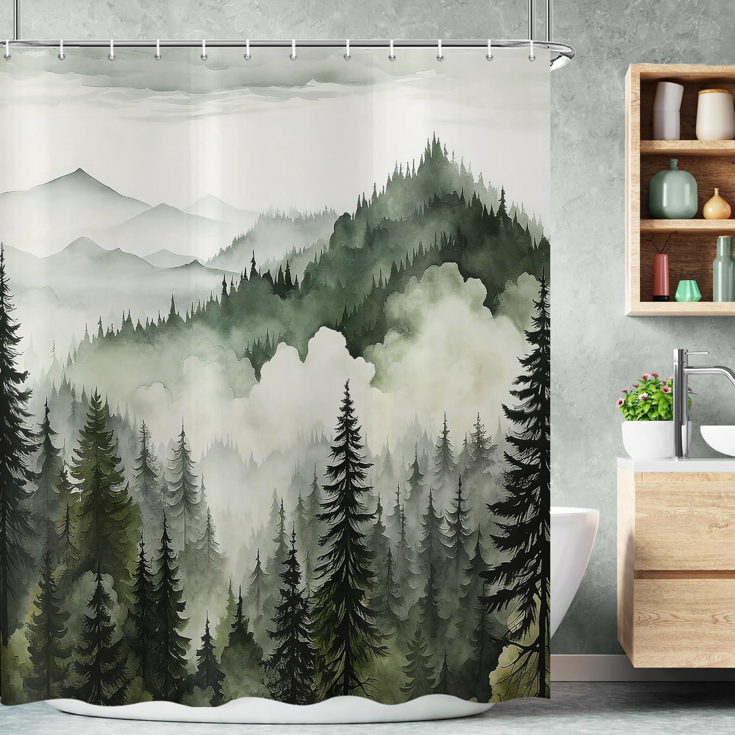 Douchegordijn 180 x 200 cm - Donkergroen Misty Forest - Waterdicht polyester - Rustiek boslandschap - ShopVlot