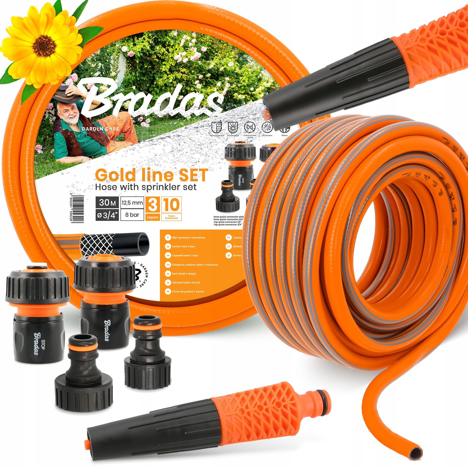 Tuinslang 3/4" 30m Oranje 3-laags met Complete Sproeiset