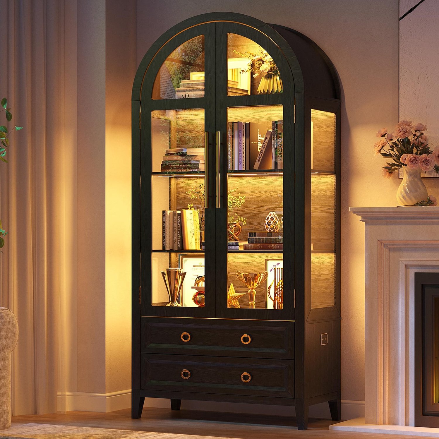 Vitrinekast - Gebogen glas - 180 x 80 x 40 cm - LED