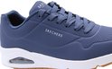 Close-up van de marineblauwe Skechers sneaker met vetersluiting, perforaties en wit zijlogo.