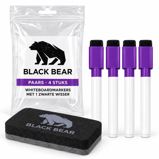Vier paarse whiteboardmarkers in verpakking met Black Bear logo en zwarte wisser.