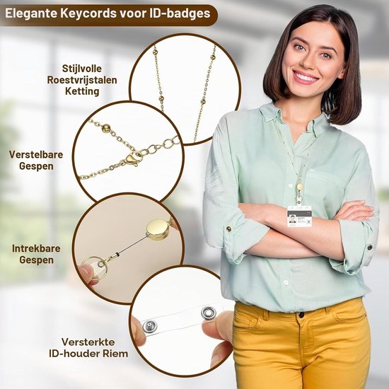 Badge Lanyard met ID Houder en Retractable Badge Reel, Ronde Lanyard Clip voor Sleutels en ID Kaarten, Gouden Kleur, Ideaal voor Kantoor en Evenementen — afbeelding 2